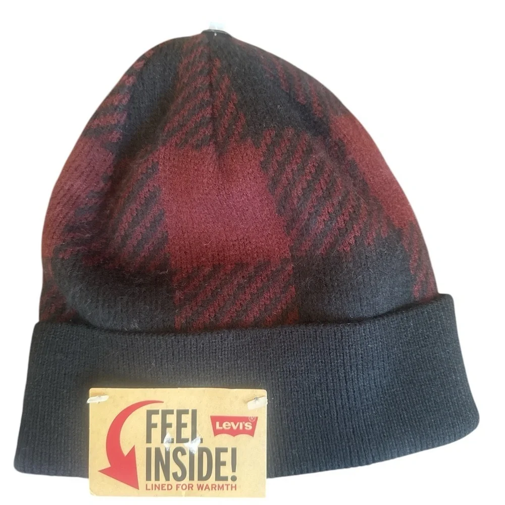 Levi’s Buffalo plaind burgundy black‎ beanie hat One size NWT logo cuff